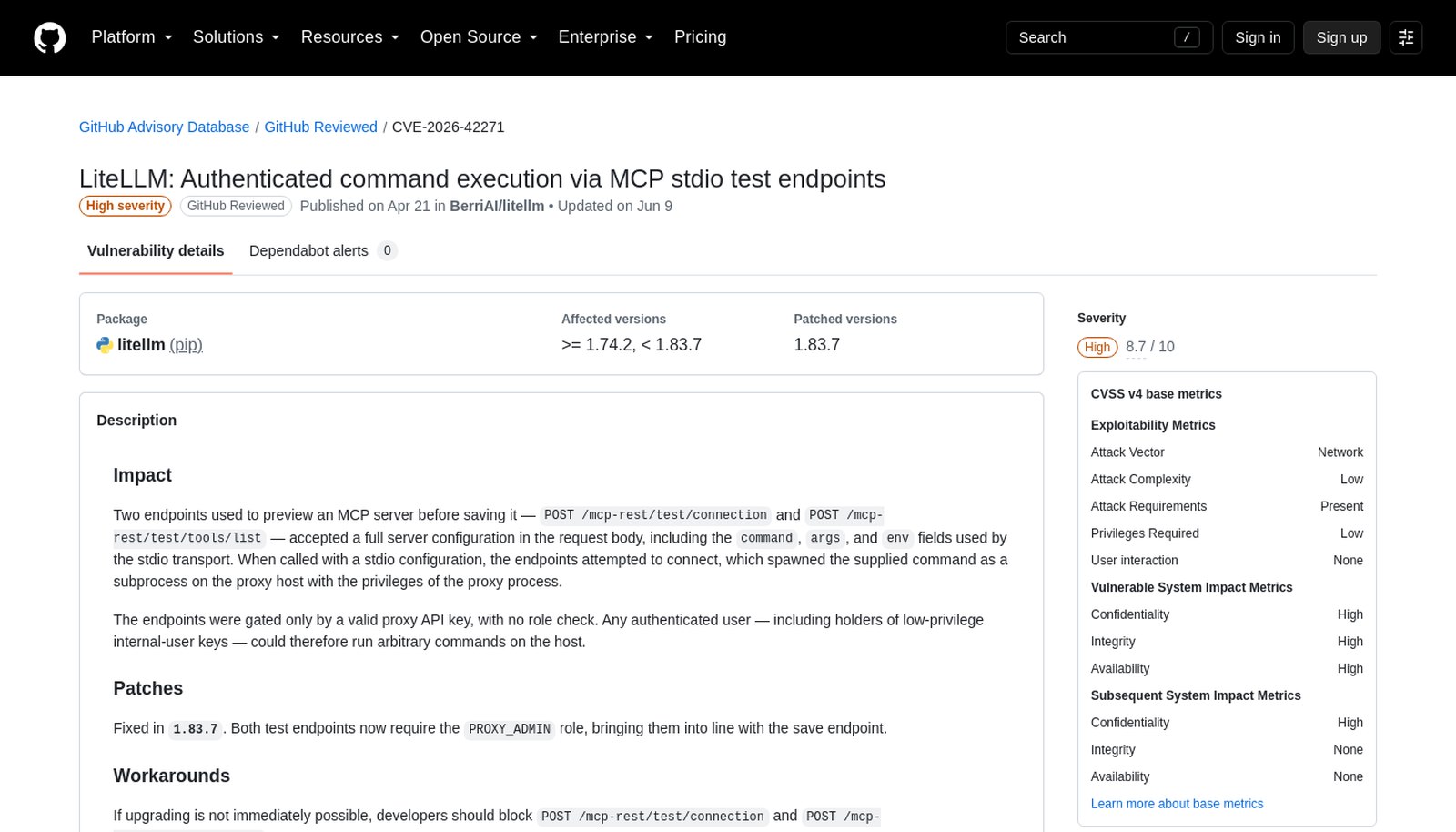 The GitHub Security Advisory for CVE-2026-42271, published by LiteLLM's maintainers